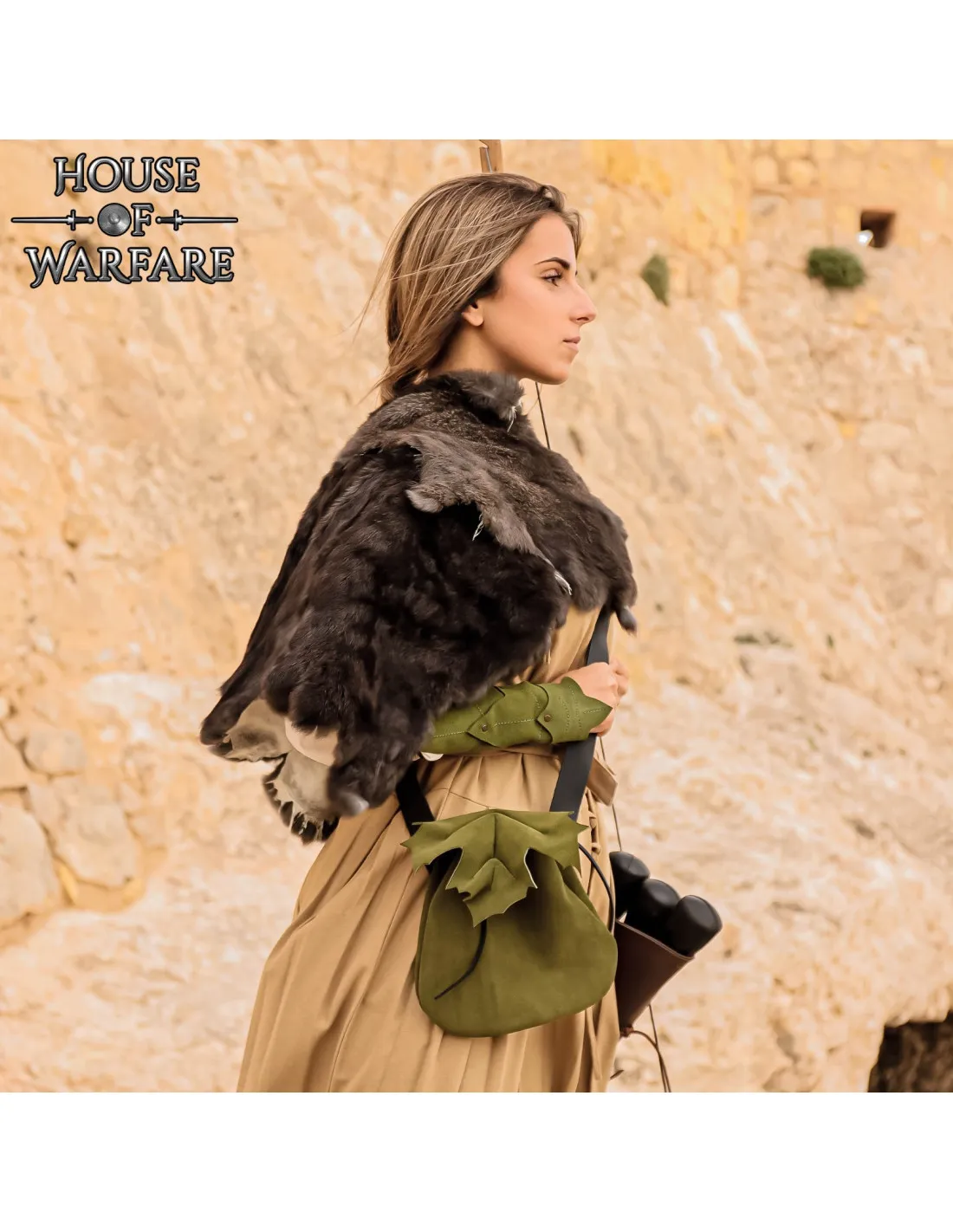 Bolso medieval verde elfo del bosque en piel de ante (21x21 cm.)