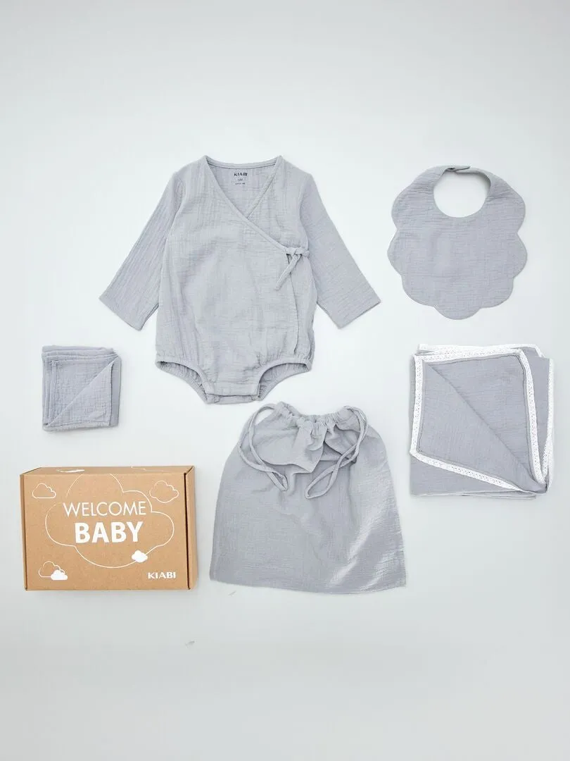 BOX PARA RECIéN NACIDO 'WELCOME BABY'  5 PIEZAS  GRIS
