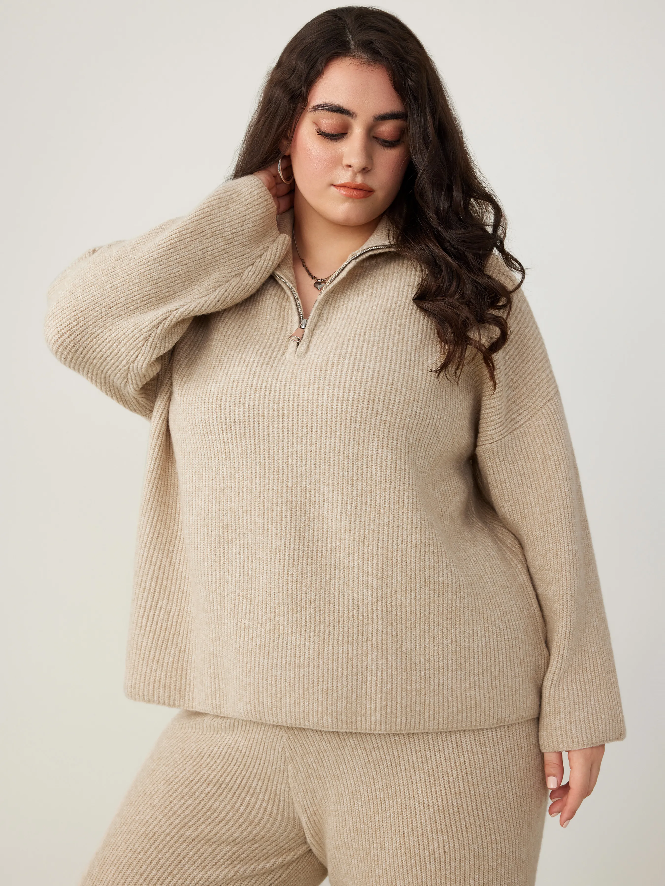  Collar Sólido Cremallera Suéter de Punto Curvy