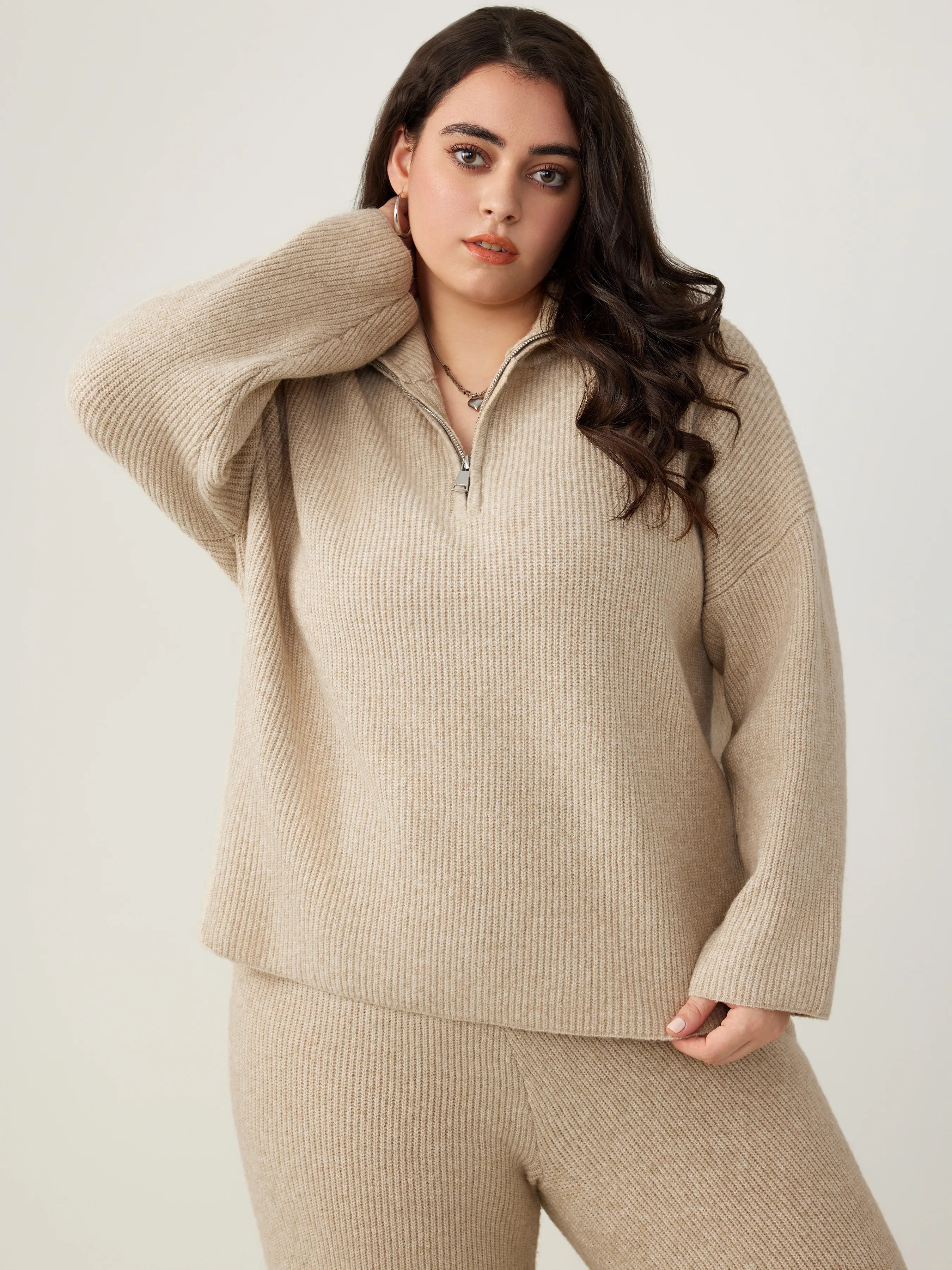  Collar Sólido Cremallera Suéter de Punto Curvy