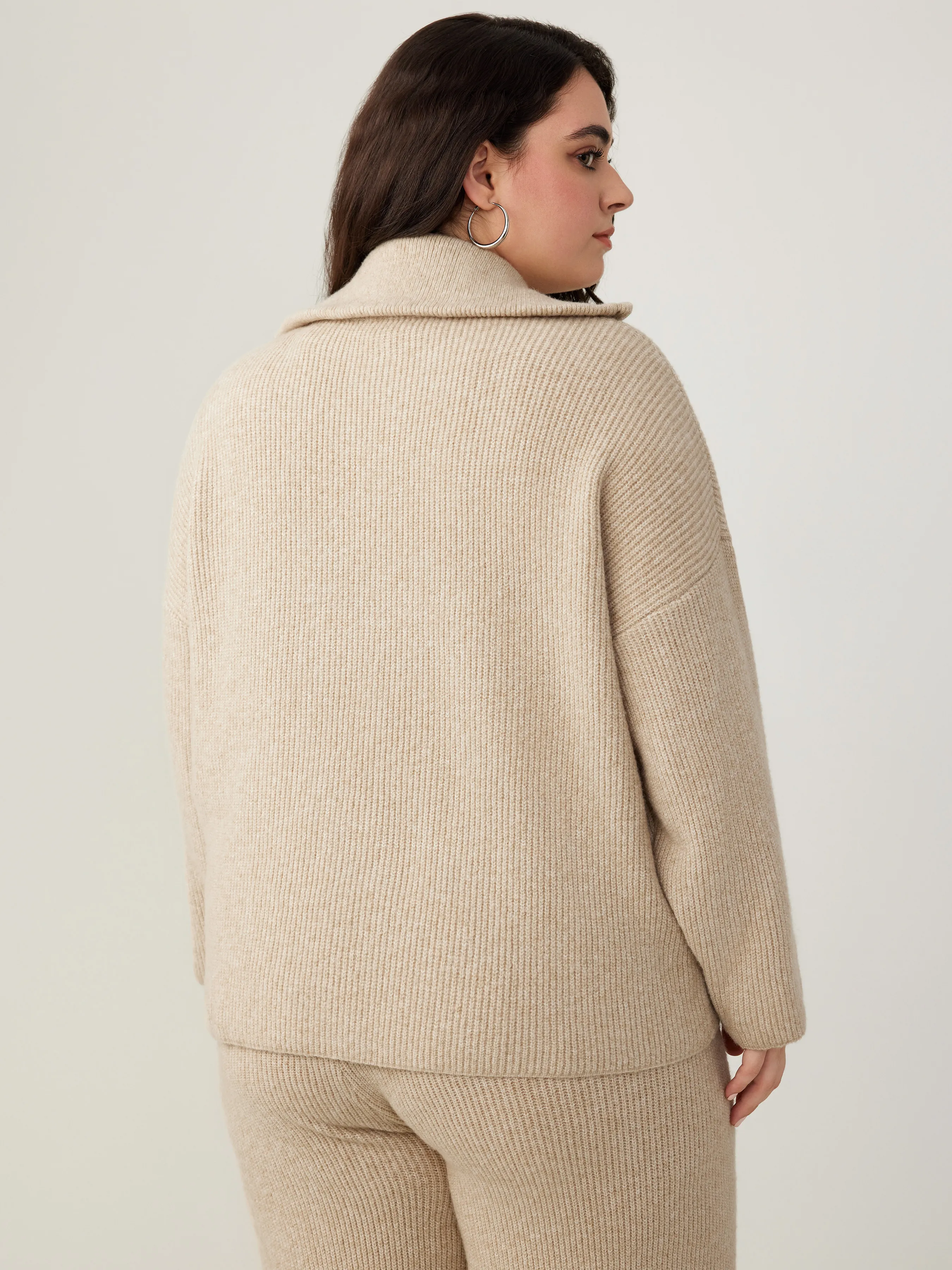  Collar Sólido Cremallera Suéter de Punto Curvy
