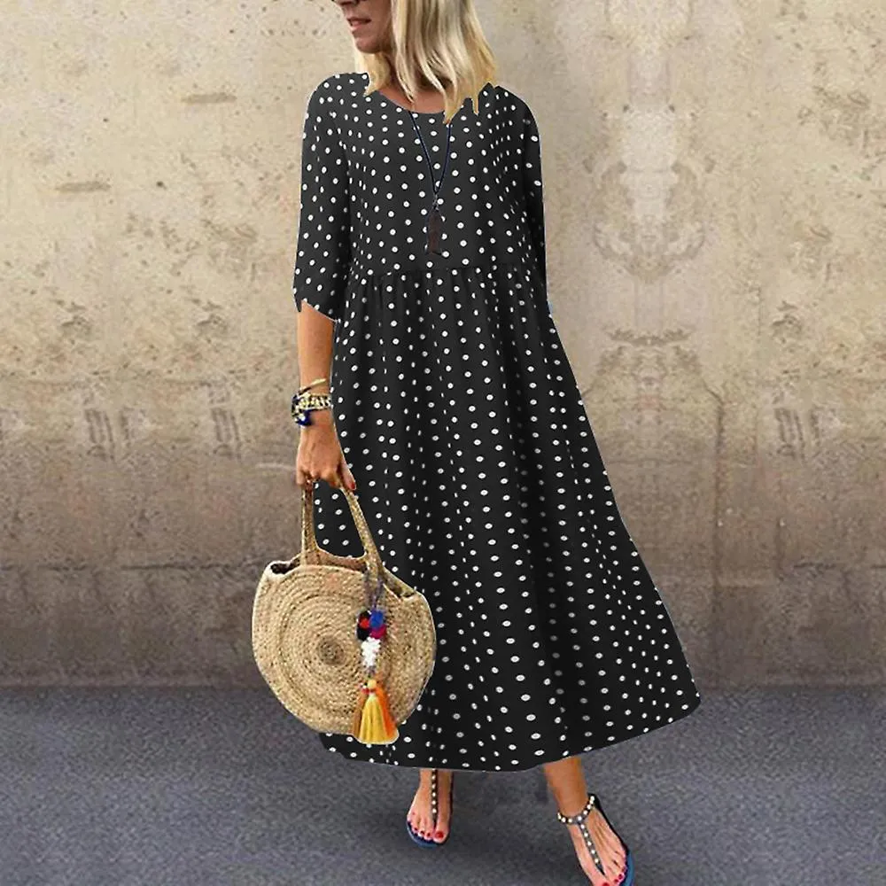 DRESSES FOR WOMEN ONECK POLKA DOTS THREE QUARTER SLEEVE BOHEMIAN DRESS