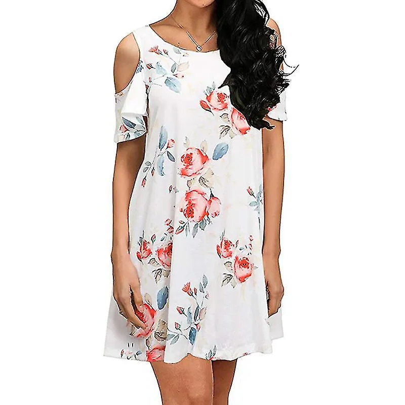 Ladies Boho Cold Shoulder Dresses Women Bohemian Round Neck Party Mini Sundress