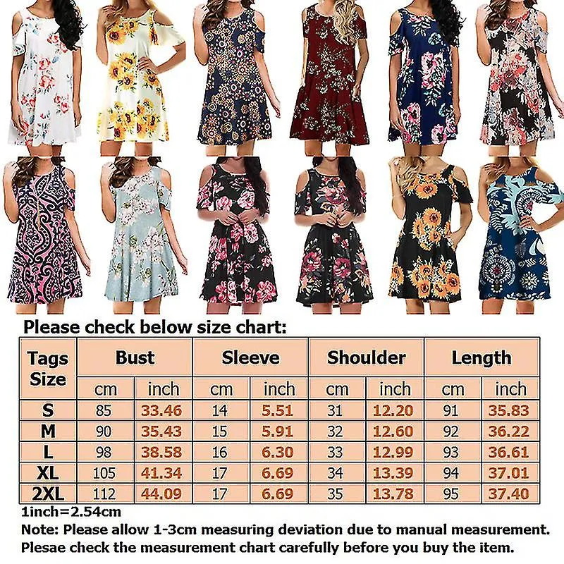Ladies Boho Cold Shoulder Dresses Women Bohemian Round Neck Party Mini Sundress