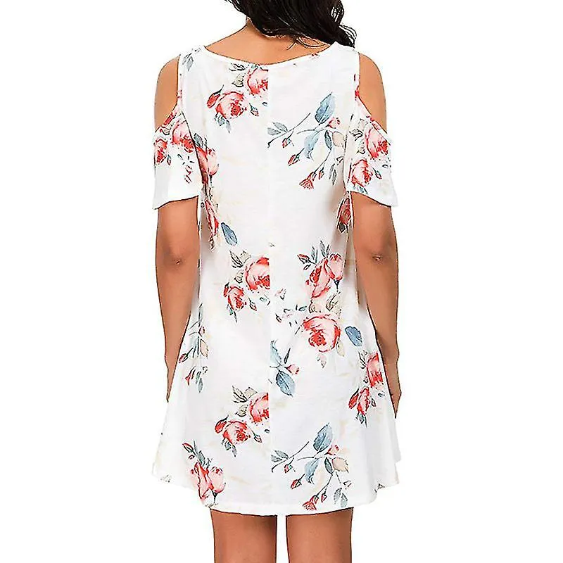 Ladies Boho Cold Shoulder Dresses Women Bohemian Round Neck Party Mini Sundress