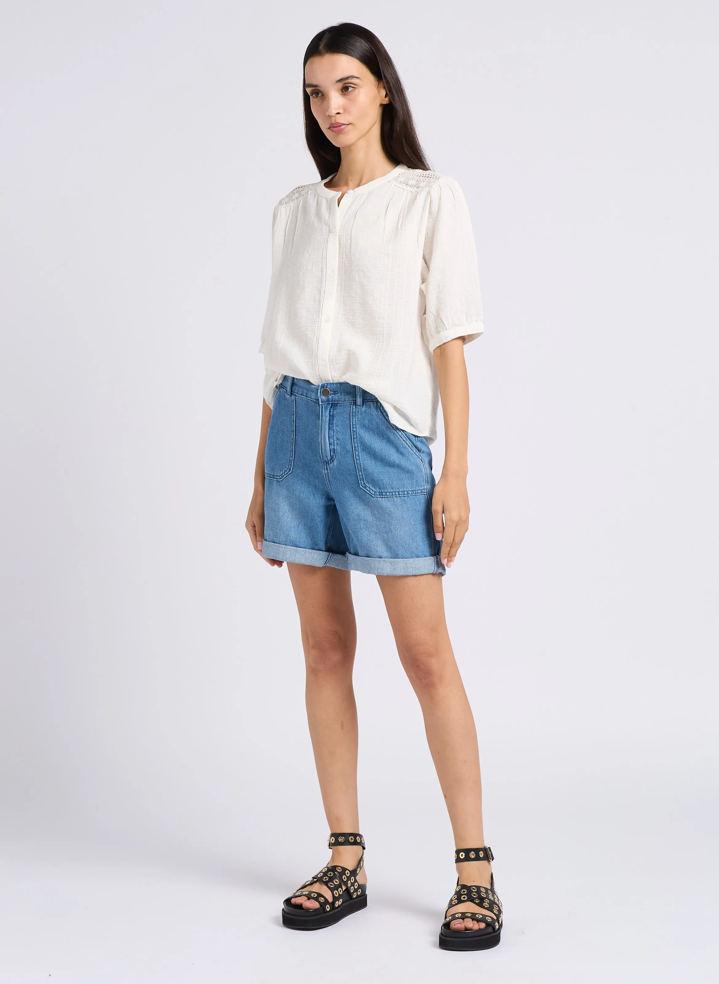 MAISON 123 SANAE  SHORT DE MEZCLILLA DE ALGODóN EN AZUL