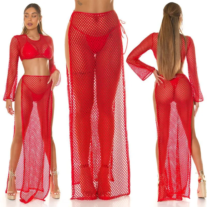 Maxi falda rojo de red cover up
