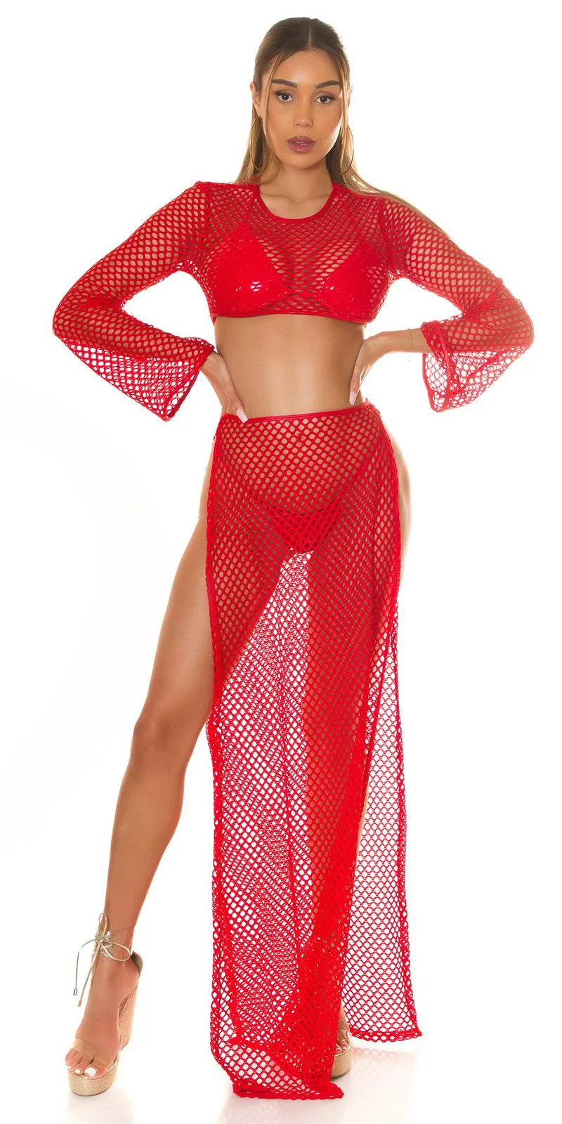 Maxi falda rojo de red cover up
