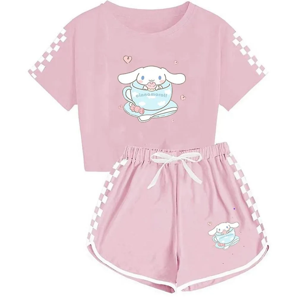 Niños Niñas Niños Cinnamoroll Estampado Camiseta de manga corta + pantalones cortos Conjunto de atuendo deportivo