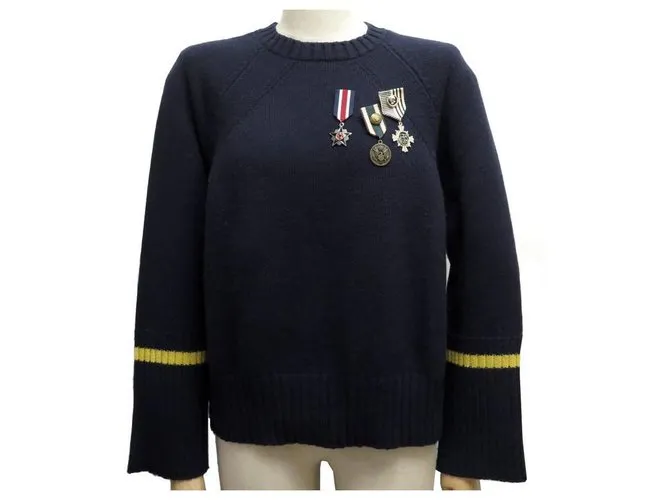 NUEVO SUÉTER ERMANNO SCERVINO MEDALS 42 ESO 38 MEDALLA DE CASHMERE DE SEDA DE LANA FR Azul marino 