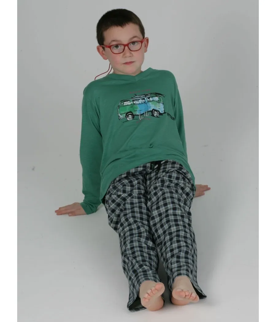Pijama niño invierno Pettrus verde cuadros bolsillos punto algodón
