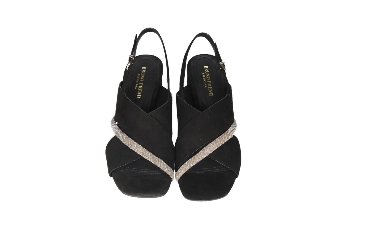 Sandalia Nobuck Negro Cruzada Tira Brillantes Dorado