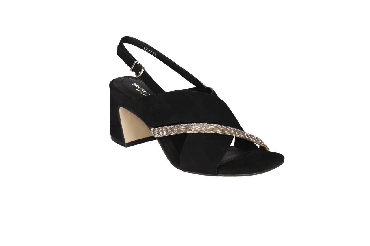 Sandalia Nobuck Negro Cruzada Tira Brillantes Dorado