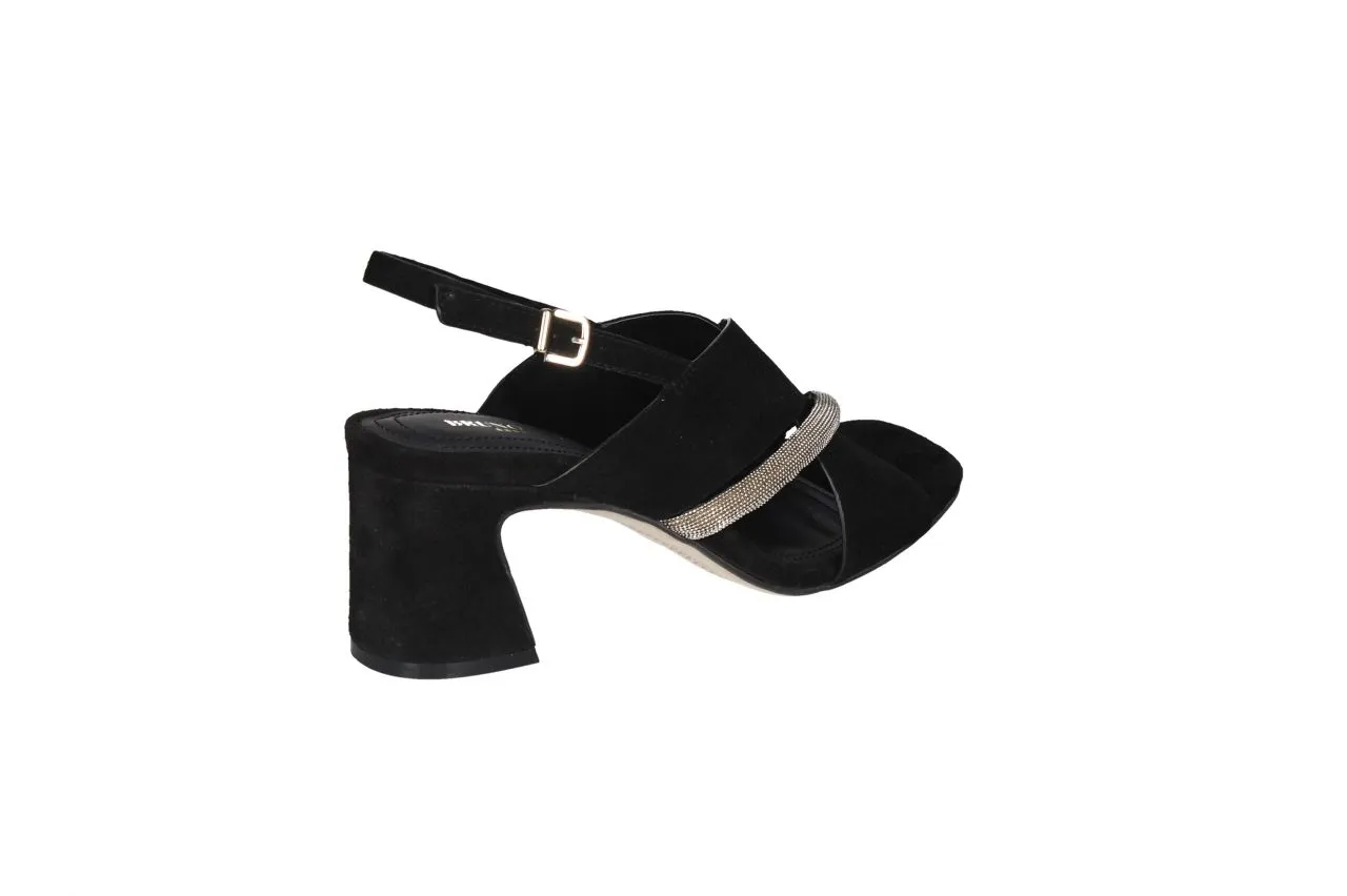 Sandalia Nobuck Negro Cruzada Tira Brillantes Dorado