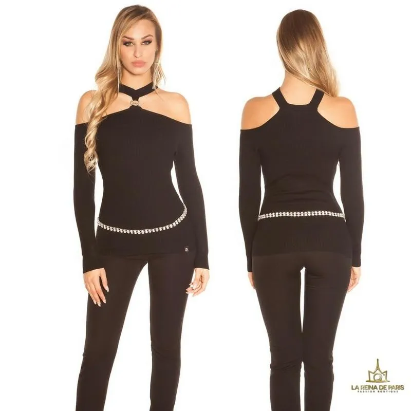 Suéter de punto hombros cut out negro