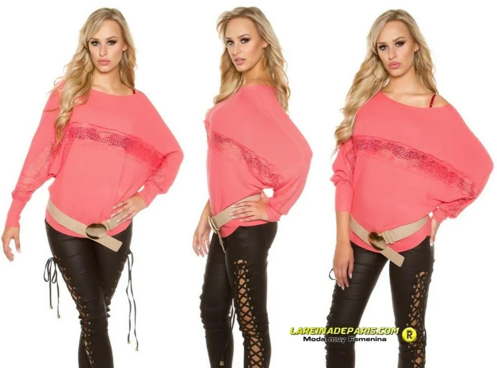 Suéter moda con franja de encaje coral