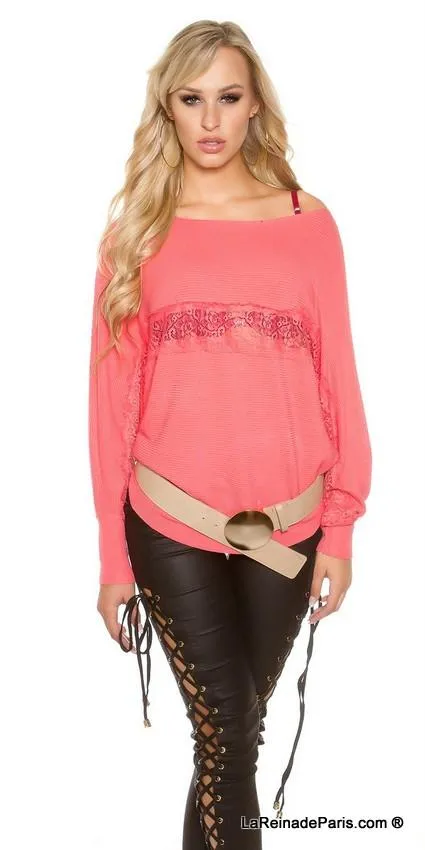 Suéter moda con franja de encaje coral