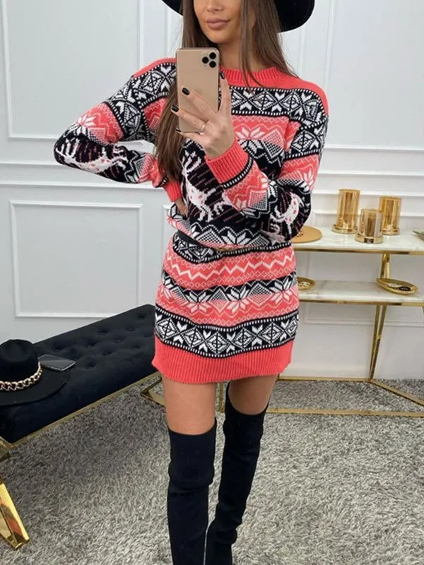Vestido suéter de manga larga Christmas Elk