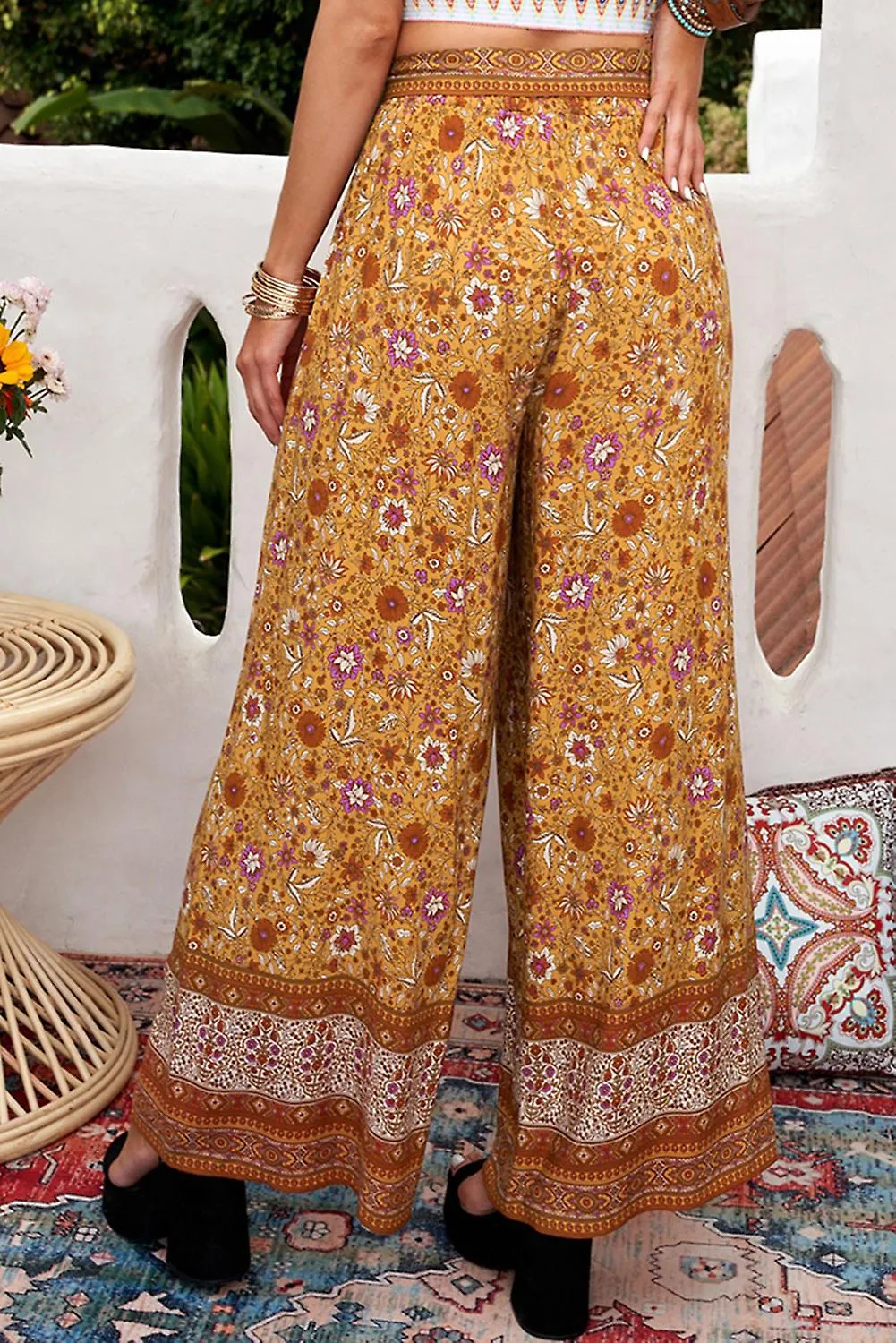 Women's Orange Boho Floral Print Wide Leg Casual Pants With Tie
