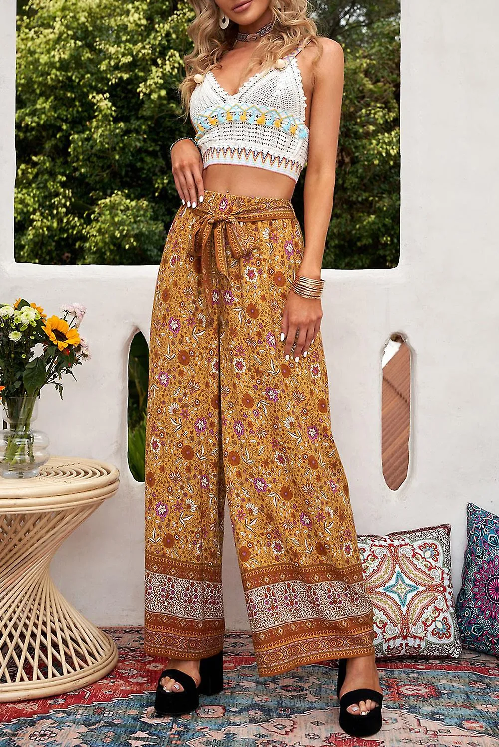 Women's Orange Boho Floral Print Wide Leg Casual Pants With Tie