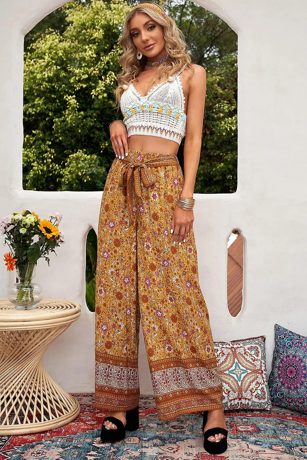Women's Orange Boho Floral Print Wide Leg Casual Pants With Tie