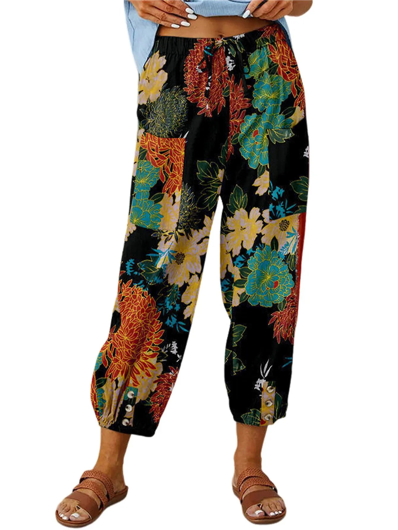 WOMENS CASUAL HIGH WAIST PANTS COTTON LINEN LEGGINGS NINEPOINT DRAWSTRING RETRO