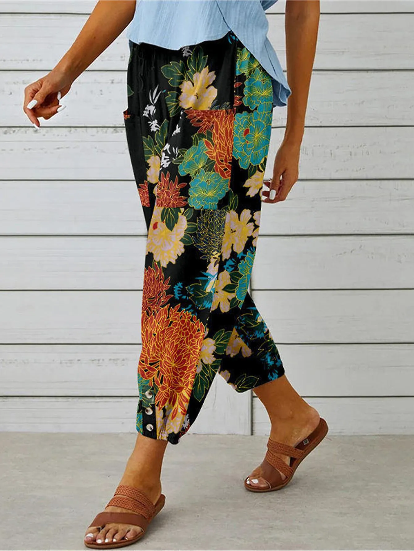 WOMENS CASUAL HIGH WAIST PANTS COTTON LINEN LEGGINGS NINEPOINT DRAWSTRING RETRO