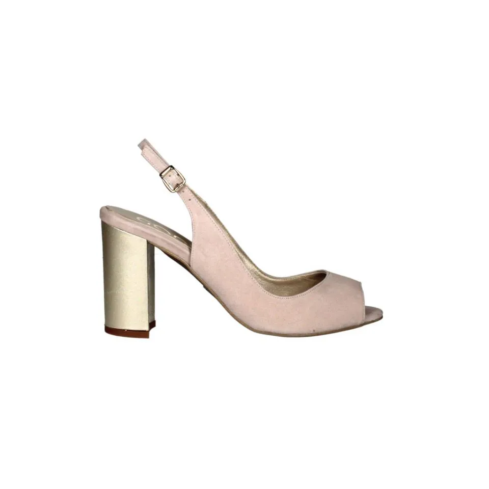 Zapato Descubiereto Ante Nude Tacon Alto Dorado